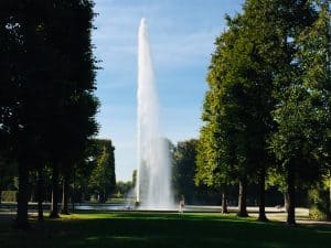 The Great Fountain in Herrenhausen gardens.  You can see the single plume of water between trees.