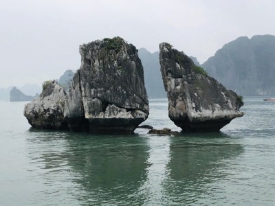 The "two chickens kissing" set of rocks that you see on Halong Bay day cruise.  These are two triangular shaped rocks close together and on their side.