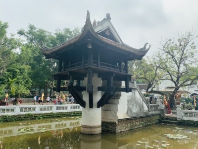 The One Pillar Pagoda in the Ho Chi Minh complex.  You see the pagoda being held up by a broad white pillar and sitting in a small lake that has lillies in it.