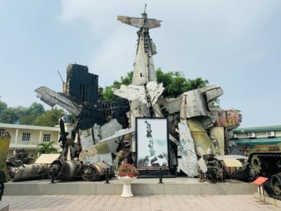 Outside the Vietnam Military museum.  You can see a collection of the wreckage of war here - bombs, planes etc.