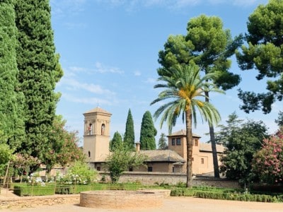 Part of the Generalife gardens - tress, bushes and a building in the background