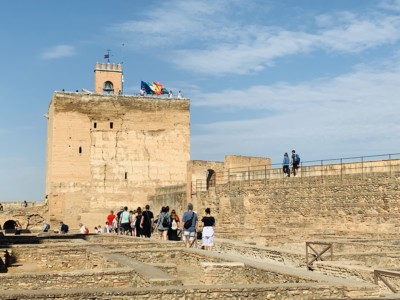 The Torre de la Vela in the Alcazaba - it sits at the end of the military living quarters and has flags flying from the top