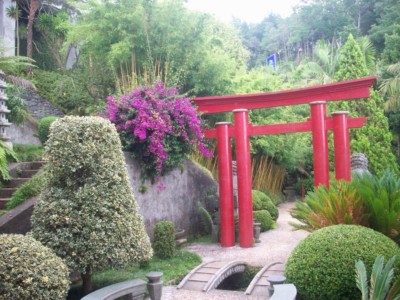 A Japanese torri gate in the Monte tropical garden - this is surrounded by green bushes and plants