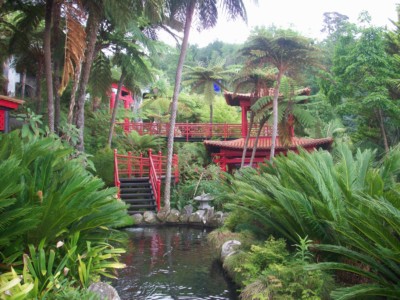 The Japanese part of the Monte Palace tropical garden.  This has a small red temple and red walkway which leads down to a small stream