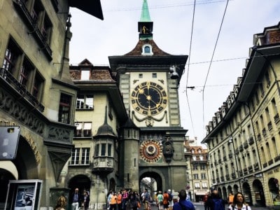 Bern clock tower in the old town.  You can see a crowd of people in front of this