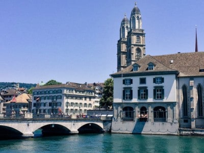 View of one part of the old town from the Limmat river.  You can see a bridge to the left and church spires in the background