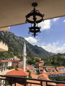 A view from our balcony on our room in the Panorama hotel.  The minaret in is view and the roofs of the town and mountains in the background.