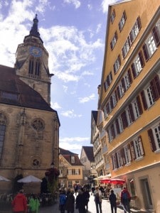 A view of one of the streets in Tubingen with the on the left